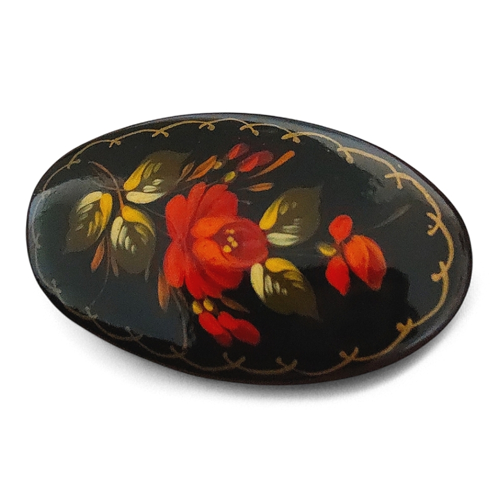 Vintage Russian Lacquered Hand Painted Brooch Pin Signed - Picture 2 of 4